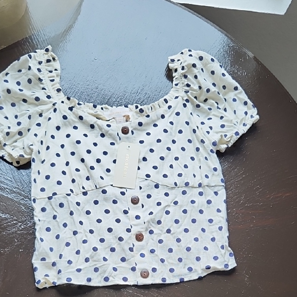 Monteau White and Blue Polka Dot Kids Blouse